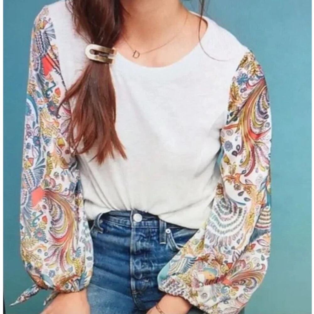 New Anthropologie White Peacock Tie Sleeve Blouse Size XS "Fallcore"